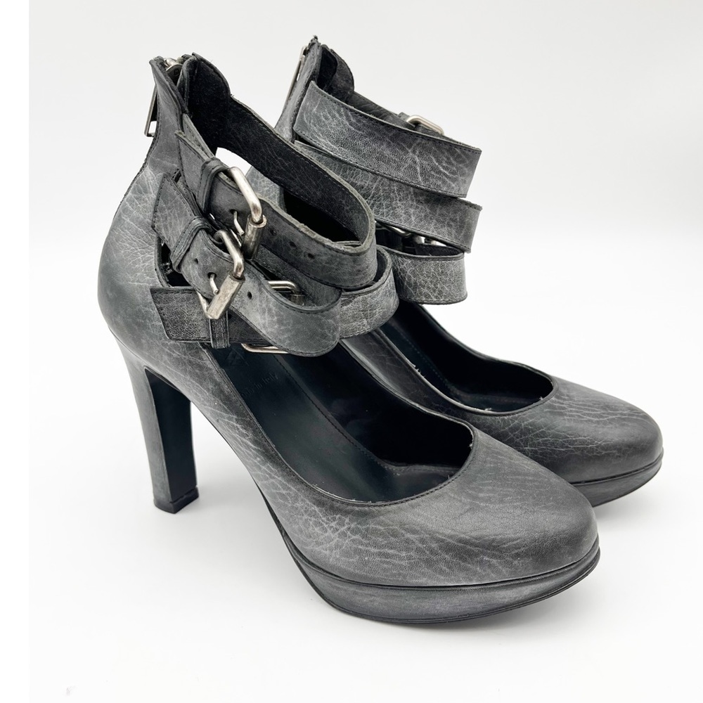 J Crew Loxley Buckle Platform Leather Heels Size 6.5 Black Gray Distressed Italy